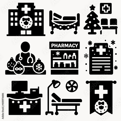 Festive Hospital Icons. Solid style icons of hospital and clinic scenes with Christmas decor: hospital building with wreath,