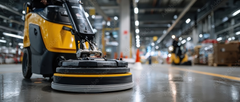 Industrial floor cleaning machine polishing concrete surface in warehouse Concept of hygiene, maintenance, and professional cleaning service Industrial floor cleaning machine polishing concrete surface in warehouse Concept of hygiene, maintenance, and professional cleaning service