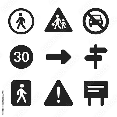 Pedestrian Sign Icon Set. Solid, filled icon set of pedestrian-oriented signage: pedestrian zone sign, children crossing sign, no