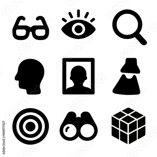 Perception Shift Icons. Solid, filled icon set of perception shift: glasses, eye with rays, magnifying glass, flipped perspective,