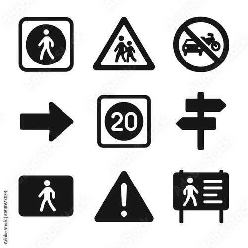 Pedestrian Sign Icon Set. Solid, filled icon set of pedestrian-oriented signage: pedestrian zone sign, children crossing sign, no