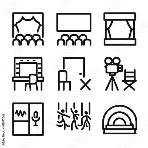 Performance Venues Icons. Solid, filled icon set of performance venues: theater, cinema screen, stage, green room, audition room,