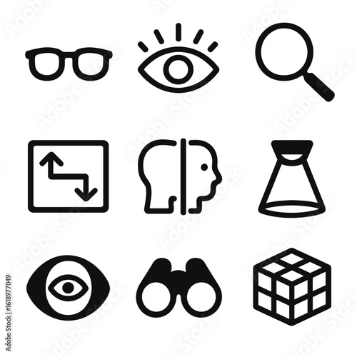 Perception Shift Icons. Solid, filled icon set of perception shift: glasses, eye with rays, magnifying glass, flipped perspective,