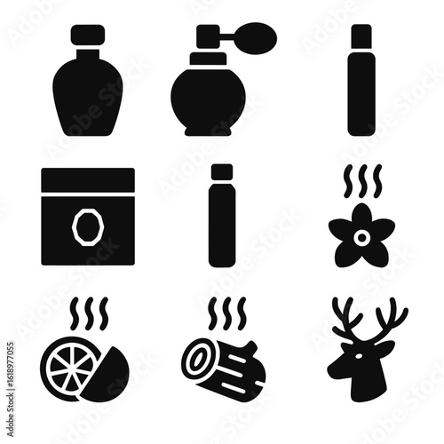 Perfume Icon Set. Solid, filled icon set of perfume and fragrance: perfume bottle, atomizer, scent bottle, fragrance box, scent