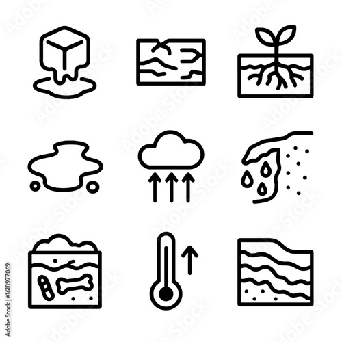 Permafrost Thaw Icons. Solid, filled icon set of permafrost thawing: melting ice, cracked ground, exposed soil, thawing plant