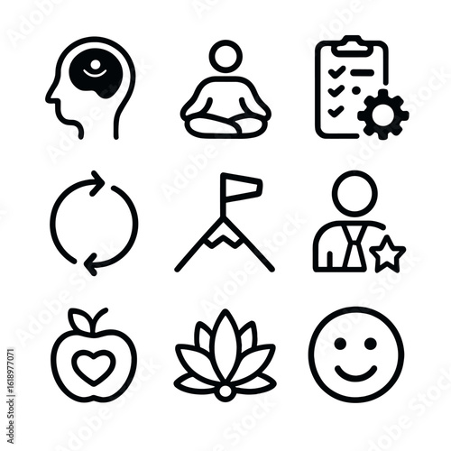 Personal Growth Icons. Solid, filled icon set of book themes for personal growth: mindfulness, meditation, productivity, habits,
