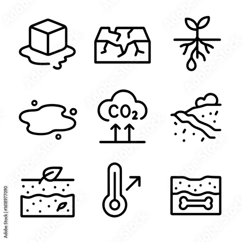 Permafrost Thaw Icons. Solid, filled icon set of permafrost thawing: melting ice, cracked ground, exposed soil, thawing plant