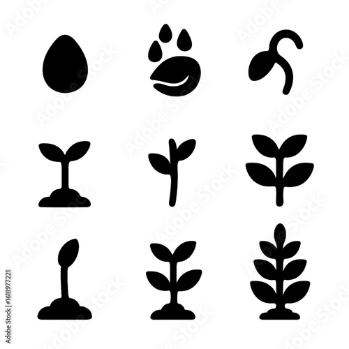 Plant Growth Icons. Solid, filled icon set of seed to plant stages: dry seed, soaked seed, sprout, seedling, growing stem, leaf