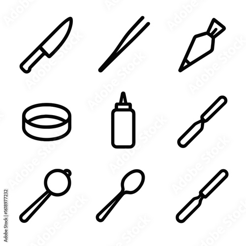 Plating Tools Icons. Solid, filled icon set of plating tools: chef’s knife, spatula, plating tweezers, ring mold, squeeze bottle,