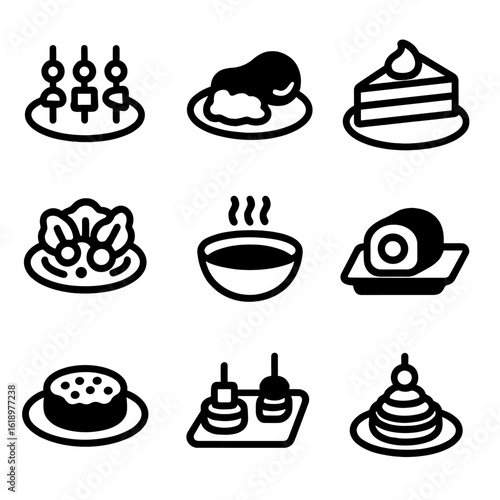 Plated Food Icon Grid. Solid, filled icon set of plated food types: appetizer, main course, dessert, salad, soup, sushi roll,