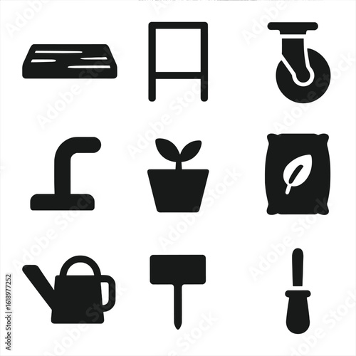Plant Stand Essentials. Solid, filled icon set of Plant stand components: wooden shelf, metal frame, caster wheel, handle, planter