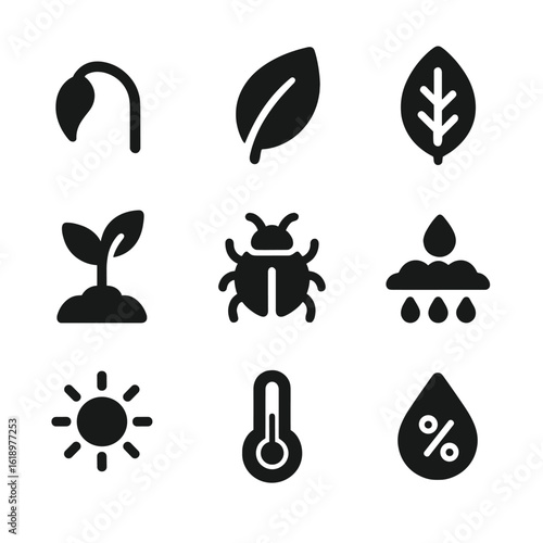 Plant Health Icons. Solid, filled icon set of plant health indicators: drooping leaf, healthy leaf, yellow leaf, new bud, pest