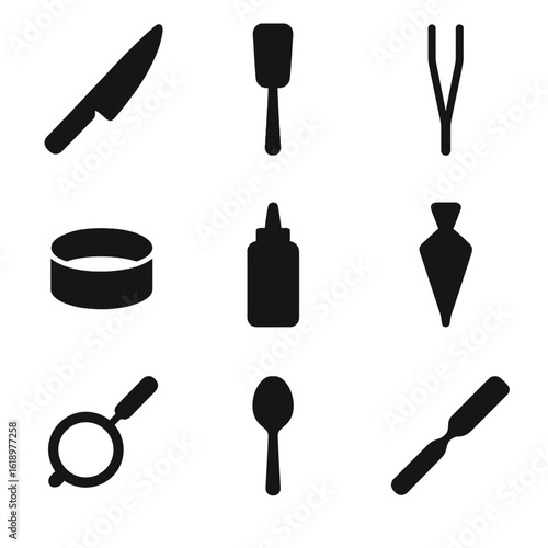 Plating Tools Icons. Solid, filled icon set of plating tools: chef’s knife, spatula, plating tweezers, ring mold, squeeze bottle,