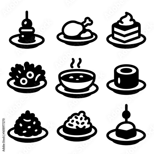 Plated Food Icon Grid. Solid, filled icon set of plated food types: appetizer, main course, dessert, salad, soup, sushi roll,