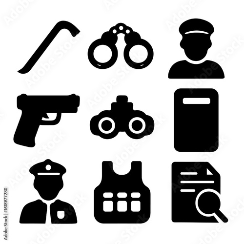 Police Raid Icons. Solid, filled icon set of police raid setup: breach tool, handcuffs, team leader, gun, night vision, raid