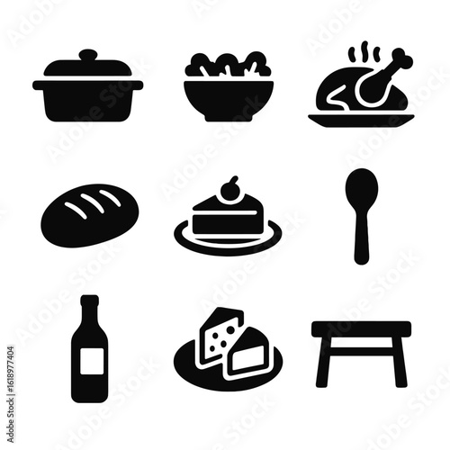 Potluck Dinner Icons. Solid, filled icon set of Casual potluck dinner: casserole dish, salad bowl, roasted chicken, homemade bread