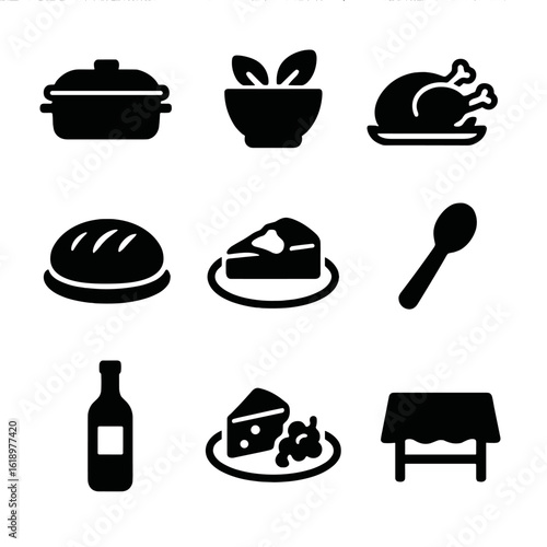 Potluck Dinner Icons. Solid, filled icon set of Casual potluck dinner: casserole dish, salad bowl, roasted chicken, homemade bread