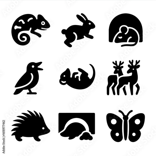 Prey Defense Icon Set. Solid, filled icon set of prey defense mechanisms: camouflage, fleeing, hiding, warning call, playing dead,