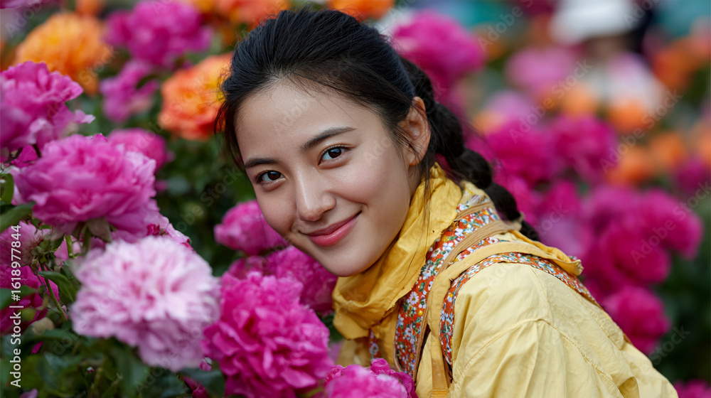 Fototapeta premium A young woman smiling surrounded by colorful flowers 