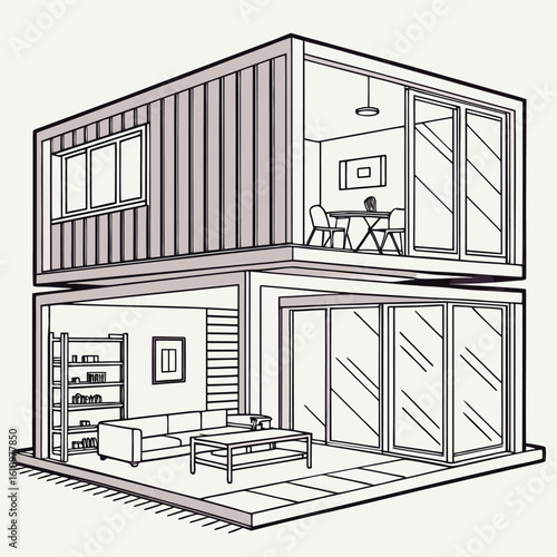 Modern Shipping Container Home, Container house, Container custom home design Plan with Interior Furnishings, Detailed Vector Illustration in Top View for Architectural and Real Estate Design