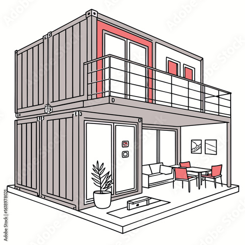 Modern Shipping Container Home, Container house, Container custom home design Plan with Interior Furnishings, Detailed Vector Illustration in Top View for Architectural and Real Estate Design