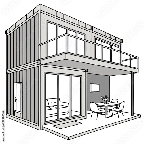 Modern Shipping Container Home, Container house, Container custom home design Plan with Interior Furnishings, Detailed Vector Illustration in Top View for Architectural and Real Estate Design