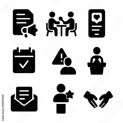 Public Relations Icons. Solid, filled icon set of public relations strategies: press release, media interview, social media post,