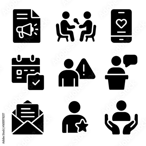 Public Relations Icons. Solid, filled icon set of public relations strategies: press release, media interview, social media post,