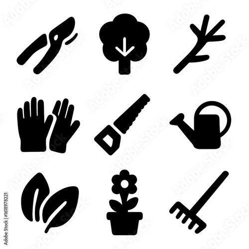 Pruning Tool Icons. Solid, filled icon set of pruning: pruning shears, tree, branch, garden gloves, saw, watering can, leaves,