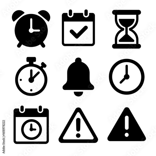 Punctuality Icon Set. Solid, filled icon set of punctuality and deadlines: alarm clock, calendar with check mark, deadline