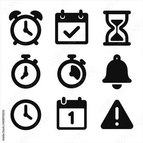 Punctuality Icon Set. Solid, filled icon set of punctuality and deadlines: alarm clock, calendar with check mark, deadline