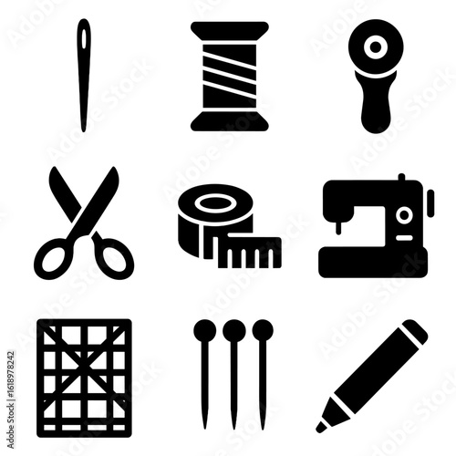 Quilting Tools Icons. Solid, filled icon set of Quilt making tools: quilting needle, thread spool, rotary cutter, fabric scissors,
