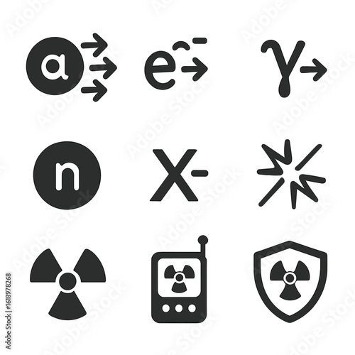 Radiation Icon Set. Solid, filled icon set of radiation types: alpha particle, beta particle, gamma ray, neutron radiation, x-ray,