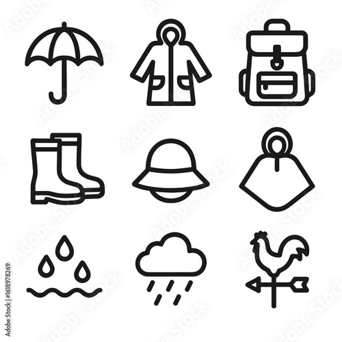 Rainy Weather Essentials. Solid, filled icon set of Rainy weather accessories: umbrella, raincoat, waterproof bag, rain boots,