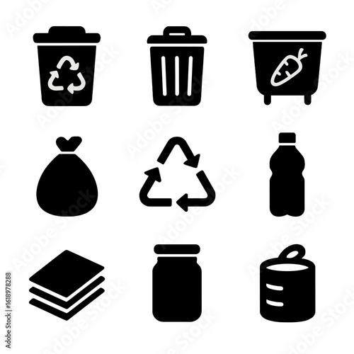 Recycling Icon Set. Solid, filled icon set of Recycling and waste sorting: recycling bin, trash can, compost bin, sorting arrows,