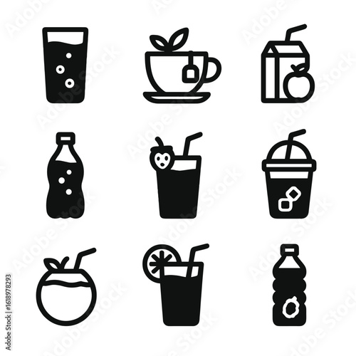 Refreshing Drink Icons. Solid, filled icon set of non-alcoholic beverage alternatives: sparkling water, herbal tea, fruit juice,