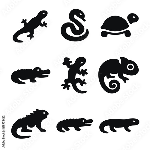 Reptile Icon Grid. Solid, filled icon set of common reptiles: lizard, snake, turtle, crocodile, gecko, chameleon, iguana,