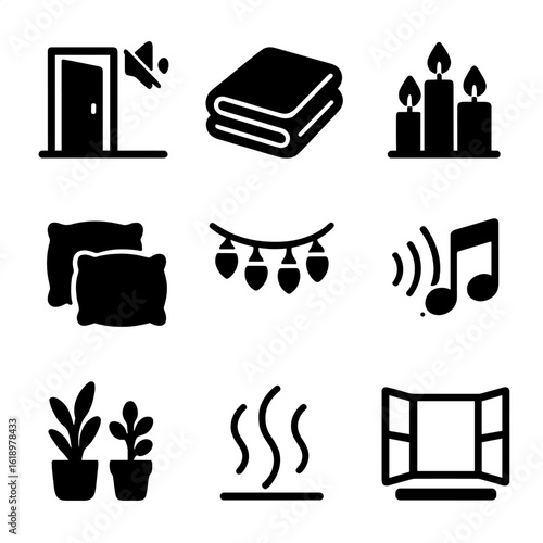Restful Icon Set. Solid, filled icon set of restful surroundings: quiet room, warm blanket, scented candles, soft pillows, calming