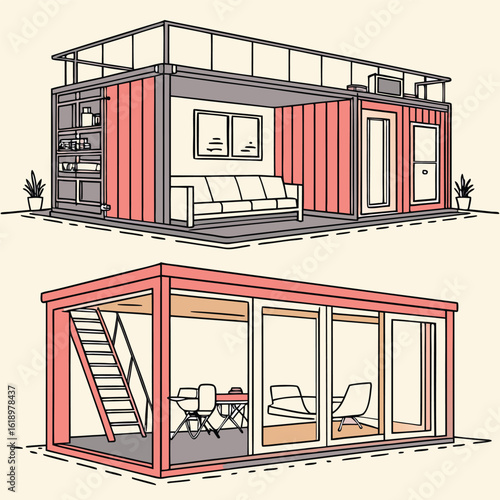 Modern Shipping Container Home, Container house, Container custom home design Plan with Interior Furnishings, Detailed Vector Illustration in Top View for Architectural and Real Estate Design