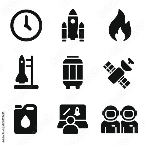 Rocket Launch Icon Set. Solid, filled icon set of rocket launch stages: countdown clock, booster stage, ignition flame, launch pad