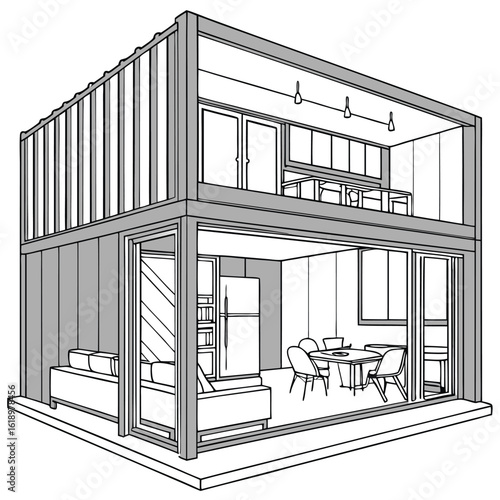 Modern Shipping Container Home, Container house, Container custom home design Plan with Interior Furnishings, Detailed Vector Illustration in Top View for Architectural and Real Estate Design