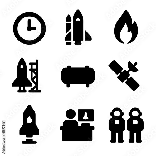 Rocket Launch Icon Set. Solid, filled icon set of rocket launch stages: countdown clock, booster stage, ignition flame, launch pad