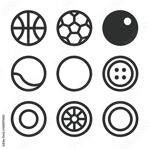 Round Objects Icons. Solid, filled icon set of round objects: basketball, soccer ball, ping pong ball, marble, hoop, button, lens,