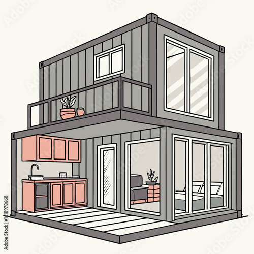 Modern Shipping Container Home, Container house, Container custom home design Plan with Interior Furnishings, Detailed Vector Illustration in Top View for Architectural and Real Estate Design