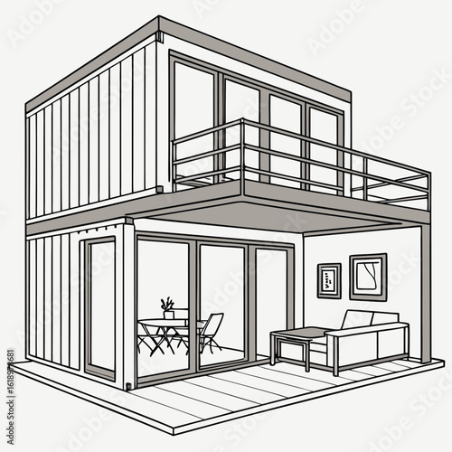 Modern Shipping Container Home, Container house, Container custom home design Plan with Interior Furnishings, Detailed Vector Illustration in Top View for Architectural and Real Estate Design