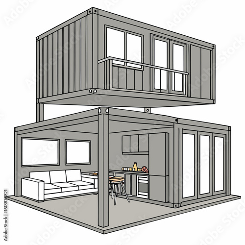 Modern Shipping Container Home, Container house, Container custom home design Plan with Interior Furnishings, Detailed Vector Illustration in Top View for Architectural and Real Estate Design