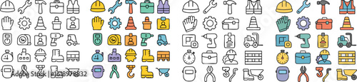 Construction Worker Icons Tools Equipment and Safety Gear.