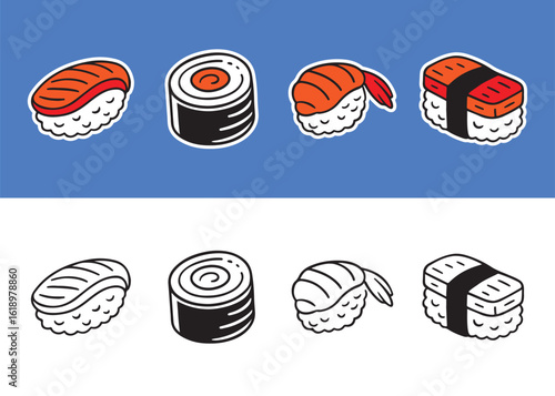 Collection of sushi vector illustrations. Suitable for logos, outdoor designs, stickers and t-shirt designs.	