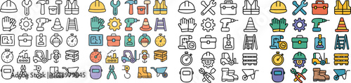 Doodle style construction and industrial equipment vector icons set in line and color variations.