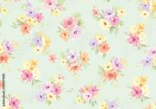 Vector illustration of a seamless watercolor floral pattern with pastelcolored flowers and green leaves on a light green background